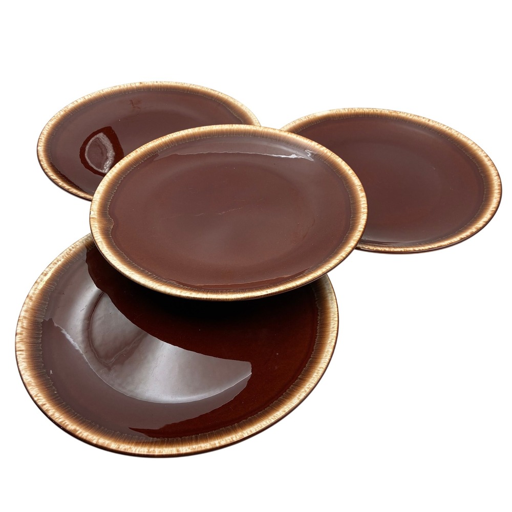 Vintage USA Brown Drip Glaze Stoneware Dinner Plates Set of 4 Mid Century Modern